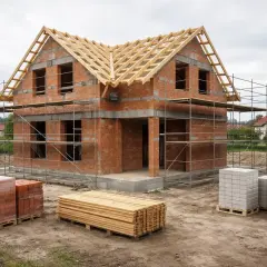Dom w budowie, widoczne etapy budowy domu, kosztorys materiałów: palety z cegłami, pustakami i drewnem.