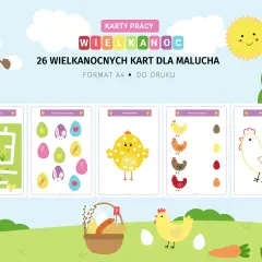 Wielkanoc karty pracy dla malucha: labirynt, dopasowywanie jajek, wyklejanie kurczaka, łączenie kur z jajami i kolorowanka kury.