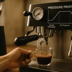 Hand hält Tasse unter Espressomaschine, die gerade einen Espresso brüht. Der sanfte Pre-infusion Prozess beginnt.
