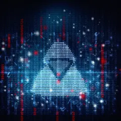 Trójkąt z kodu binarnego na tle danych, symbolizujący zagrożenie ransomware.
