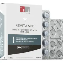 Caja y blíster de Revita.SOD, tabletas para la caída del cabello por estrés. Contiene ingredientes clave como ashwagandha para combatir la caída del pelo.