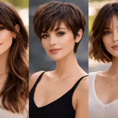 Tres cortes de pelo mujer: largo con flequillo, pixie y bob.