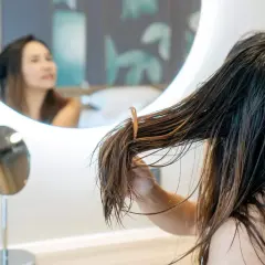 Una joven se peina el pelo mojado frente a un espejo. El pelo adolescentes, largo y castaño, cae en mechones.