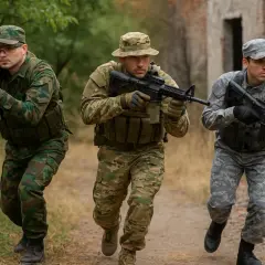 Tres hombres con equipo airsoft, camuflaje y rifles avanzan cautelosamente en un entorno boscoso cerca de una estructura en ruinas.