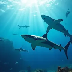 Dwa rekiny pływające w błękitnej wodzie oceanu, z promieniami słońca przebijającymi się przez powierzchnię.