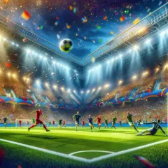 Emocjonujący mecz piłki nożnej na pełnym stadionie. Piłkarze w akcji, konfetti i flagi Holandii i Austrii.