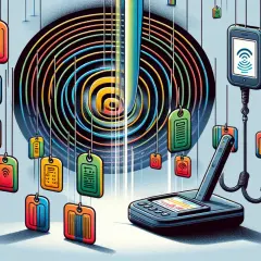 Kolorowe breloczki z symbolami, czytnik i smartfon. Wszystko to symbolizuje technologię kod rfid, która ułatwia identyfikację i śledzenie.