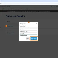Okno dialogowe "Zmień e-mail" z polami na obecny i nowy adres e-mail oraz hasło.