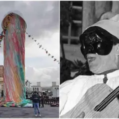 Gigantesca effigie colorata e maschera di Pulcinella, simbolo del suo nome comune e della tradizione napoletana.