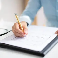 Osoba pisze złotym długopisem wniosek o zmianę nazwiska. Obok leżą okulary.