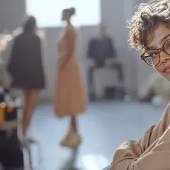 Junge Frau mit Brille lehnt an Wand, im Hintergrund Models bei einem Modemanagement-Event in Berlin.