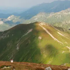 Widok na pasmo górskie z zielonymi zboczami i ścieżkami. Na pierwszym planie kopa kondracka wysokość, a w oddali kolejne szczyty Tatr.