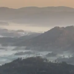 Mglisty poranek w górach. W oddali widać skalnik szczyt, otoczony przez morze mgły i zalesione wzgórza.