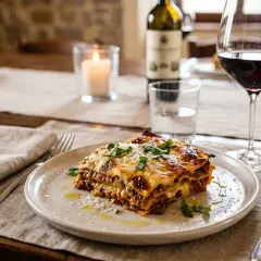 Ein Stück Lasagne auf einem Teller, daneben ein Glas Rotwein. Perfekt für einen gemütlichen Abend mit Wein zu Lasagne.