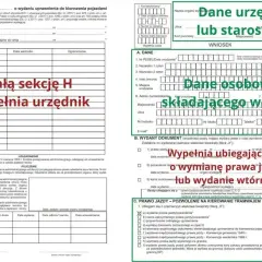 Wniosek o rejestrację pojazdu pdf. Formularz zawiera dane urzędu, dane osobowe składającego wniosek oraz informacje o wydanym dokumencie, np. prawo jazdy.