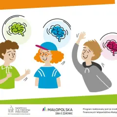 Trójka dzieci z mózgami nad głowami. Ilustracja pokazuje, jak sensoryka co to wpływa na nasze reakcje.