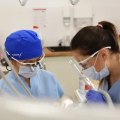 Dwie dentystki w maseczkach i okularach pracują przy pacjencie. Zastanawiasz się nad leczeniem kanałowym? Cena może być różna.