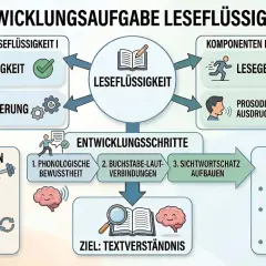 Das Schaubild zeigt, wie Leseflüssigkeit entwickelt wird. Laut lesen vorteile sind hierbei zentral, von Genauigkeit bis Ausdruck.