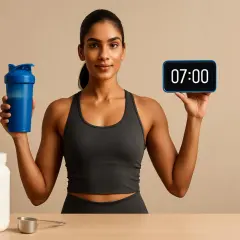 Donna con shaker e barattolo di proteine in polvere, pronta per il suo allenamento mattutino alle 7:00.