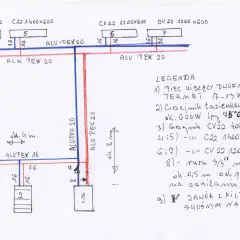 Schemat instalacji CO pokazuje, że do grzejników stosuje się rury PEX o średnicy 16 mm, a do zasilania kotła rura PEX 20 mm.