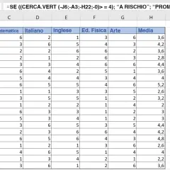 Foglio Excel con voti studenti. La formula "=SE(CERCA.VERT...)" indica che il file Excel è troppo pesante per essere elaborato.