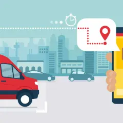 Lieferwagen mit Paket-Symbol, Handy zeigt Paket und Route. Man kann die Lieferung avisieren.