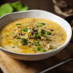 Eine cremige low carb Lauchsuppe mit Hackfleisch und Frühlingszwiebeln, serviert in einer Schüssel auf einem Holzbrett.