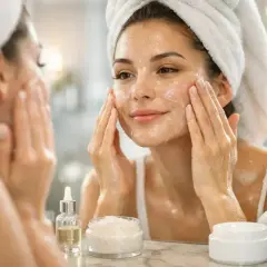 Une femme applique un exfoliant sur son visage, devant un miroir. Des produits de soin sont disposés sur le lavabo.