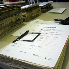 Stosy dokumentów, długopis i laptop na biurku. Na jednym z dokumentów widnieje napis "Akten-dossier co to", sugerujący porządkowanie akt.