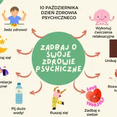 Ilustracja przedstawia graficzne porady dotyczące dbania o zdrowie psychiczne, m.in. jedzenie, sen, relacje, ruch, hobby.