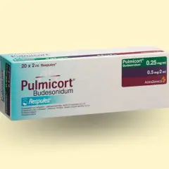 Opakowanie leku Pulmicort z budesonidem w formie zawiesiny do inhalacji, 20 ampułek po 2 ml. Pomoc w leczeniu astmy.