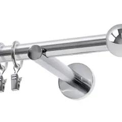 Elegancki karnisz metalowy pojedynczy z kulistą końcówką i czterema klipsami do zasłon.