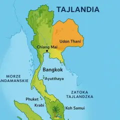 Mapa pokazuje, gdzie leży Tajlandia, z zaznaczonymi miastami jak Bangkok, Chiang Mai, Phuket i Udon Thani, otoczona Morzem Andamańskim i Zatoką Tajlandzką.