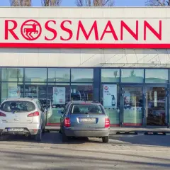 Elegancka fasada drogerii Rossmann z czerwonym logo i zaparkowanymi samochodami.