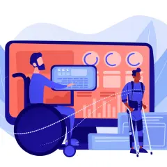 Ilustracja pokazuje, jak działają etykiety cyfrowe: mężczyzna na wózku inwalidzkim i mężczyzna w egzoszkielecie korzystają z interfejsu cyfrowego.