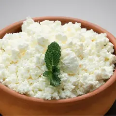 Ricotta fresca in ciotola di terracotta, guarnita con menta. Ideale per la ricotta in gravidanza, un alimento nutriente e leggero.
