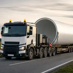 Un camion blanc transporte une immense section de pale d'éolienne sur une route de campagne. Ce convoi exceptionnel roule vers son destin.