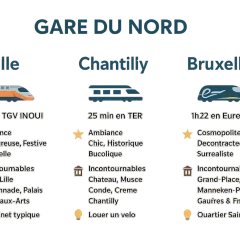 Destinations depuis Paris : Lille (TGV INOUI), Chantilly (TER) et Bruxelles (Eurostar).