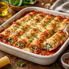 Délicieuse recette cannelloni au four, gratinés et garnis d'épinards et de ricotta. Un plat réconfortant prêt à être dégusté.