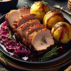 Pyszne, pieczone schaby z ziemniakami i czerwoną kapustą, ozdobione rozmarynem. Idealne danie na obiad.