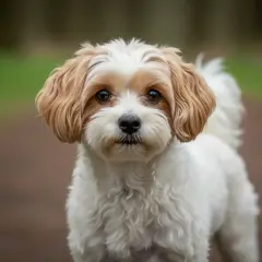 Ein Maltipoo, ein süßer Hund mit weißem und braunem Fell, blickt neugierig in die Kamera.