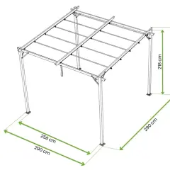 Konstrukcja altany dn80 z wymiarami: 290x258 cm, wysokość 230 cm. Idealna do ogrodu.