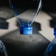 Bouteilles d'eau en plastique avec bouchons bleus. L'eau de Mont Roucous, une source d'eau naturelle, peut présenter un danger si elle est mal conservée.