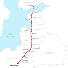 Mapa trasy Baltic Sea Trans Złotów przez Polskę, Litwę, Łotwę, Estonię i Finlandię.
