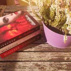 Na drewnianym stole leżą trzy książki Katarzyny Miszczuk: "Ja, diablica", "Ja, anielica" i "Ja, potępiona". Obok stoi fioletowa doniczka z wrzosem. Wszyscy jesteśmy w grze.