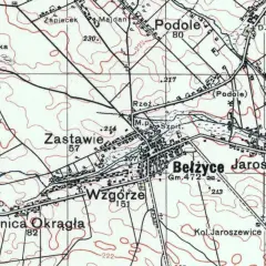Mapa topograficzna z zaznaczonymi miejscowościami: Podole, Zastawie, Bełżyce, Jaroszewice. Widać drogi, rzeki i ukształtowanie terenu.