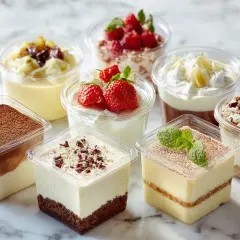 Różnorodne desery w opakowaniach na monoporcje: tiramisu, mus czekoladowy, sernik, jogurt z owocami i inne słodkości.