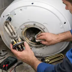 Technik czyści bojler, przygotowując się do wymiany grzałki. Narzędzia i nowa grzałka leżą obok.
