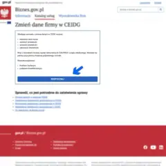 Zmień dane firmy w CEIDG. Wniosek o zmianę danych firmy, zawieszenie, wznowienie lub zakończenie działalności. Podpisz profilem zaufanym lub kwalifikowanym. Rozpocznij.