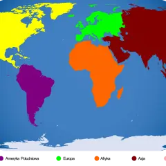 Kolorowe kontynenty na globusie: żółty - Ameryka Północna, fioletowy - Ameryka Południowa, zielony - Europa, pomarańczowy - Afryka, czerwony - Azja, różowy - Australia.